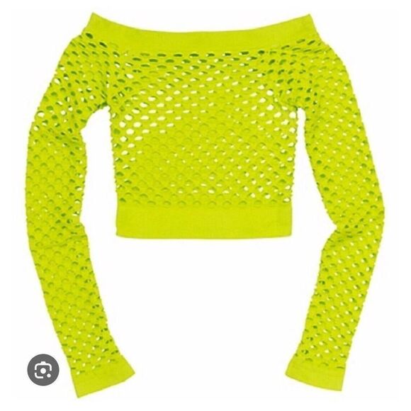 Neon Fishnet Crop Top Shirt Laser Cut 80s Electronica Costume Novelty Club Dance - Picture 2 of 5